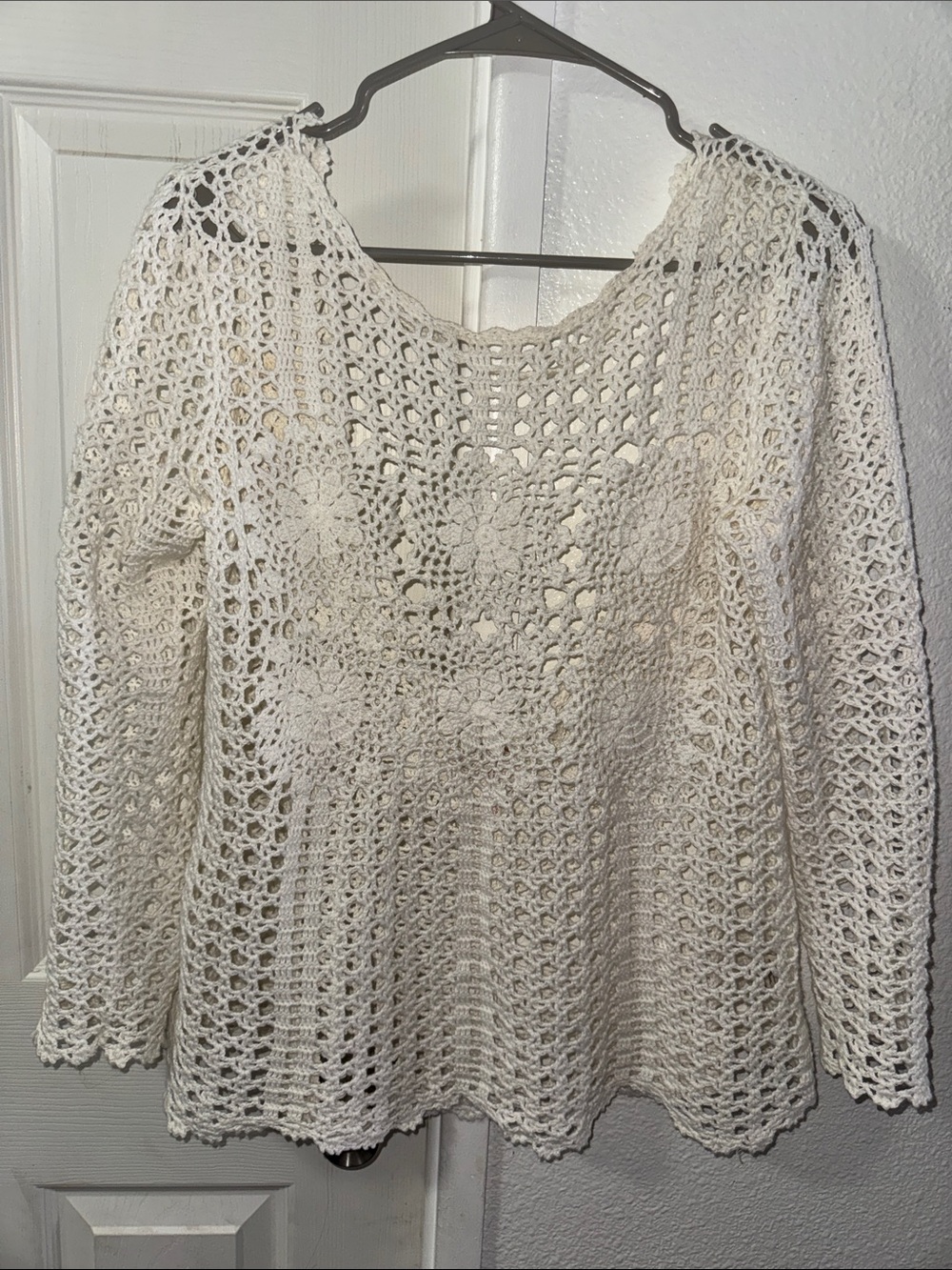 Free People Cream Crochet V-Neck Pullover